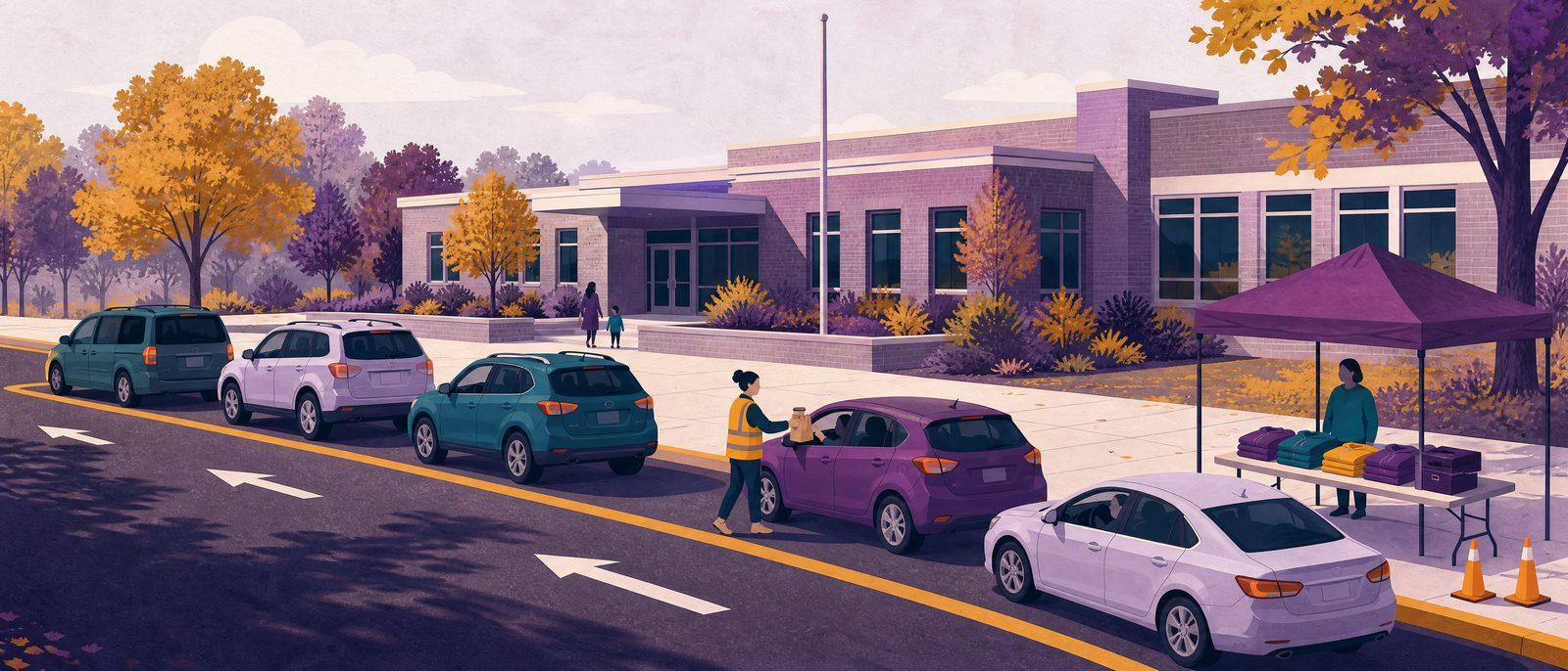 Illustration: an afternoon pickup line outside a school. A volunteer in an amber vest hands a paper bag through a car window while cars wait along the curb, and a parent volunteer stands at a spirit-wear table under a purple canopy.